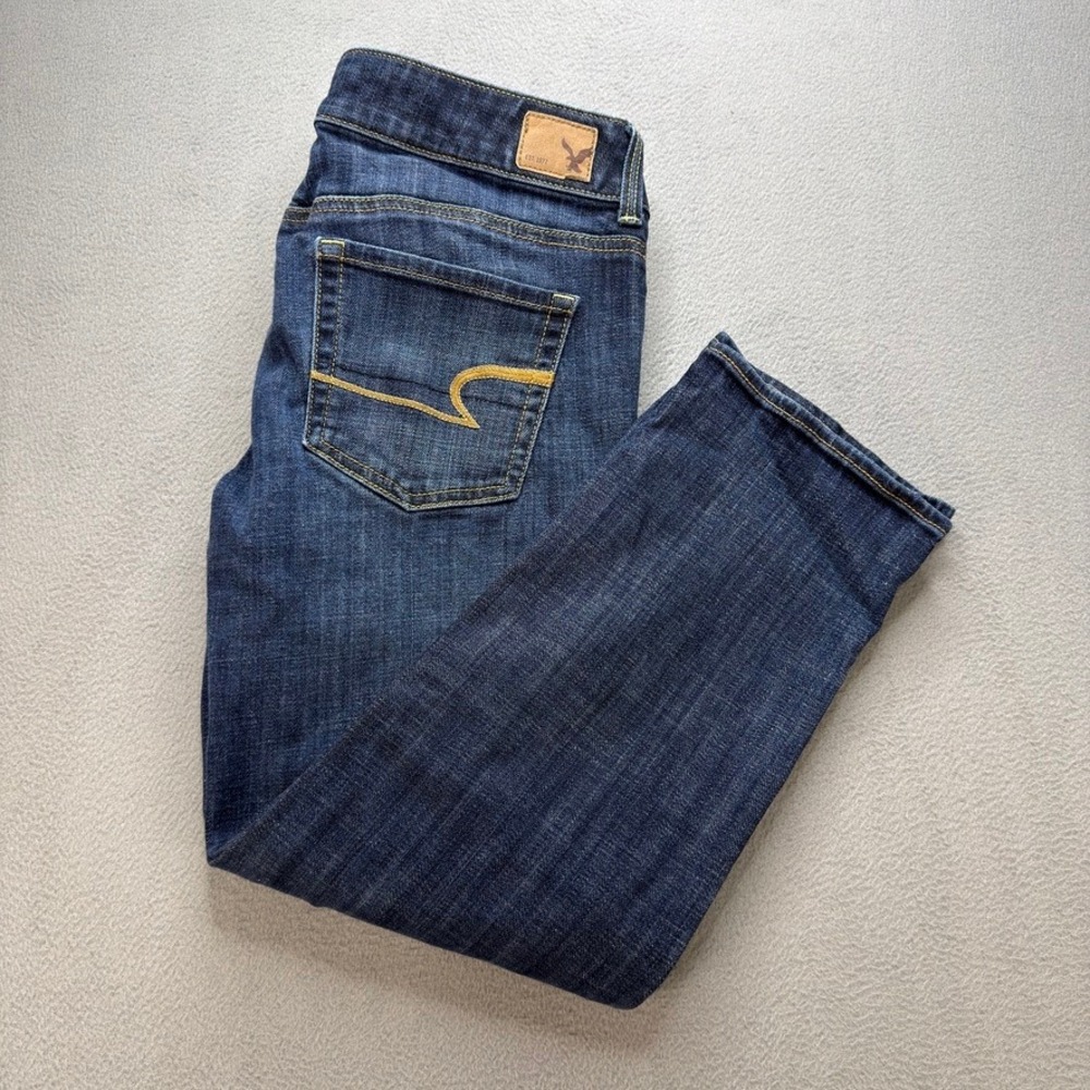 American Eagle Artist Crop Jeans Slim Tapered Size 8 Dark Wash Double Button Fly